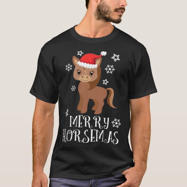 Cute Horse & Santa hat Horse  Equestrian Christmas T-Shirt (Front)