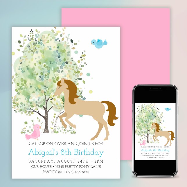 Cute Horse, Trees, Pony Rides Equestrian Birthday Invitation (Cute Horse, Trees, Pony Rides Equestrian Birthday Invitation)