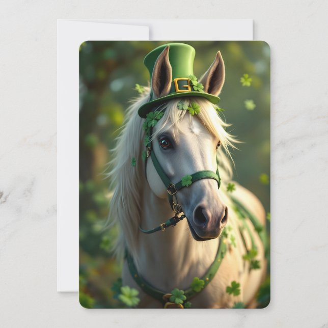 Cute horse with green hat, bridle and shamrocks holiday card (Front)