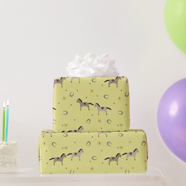 Cute Horses & Horseshoes Kids Birthdays Yellow Wrapping Paper (Party Gifts)