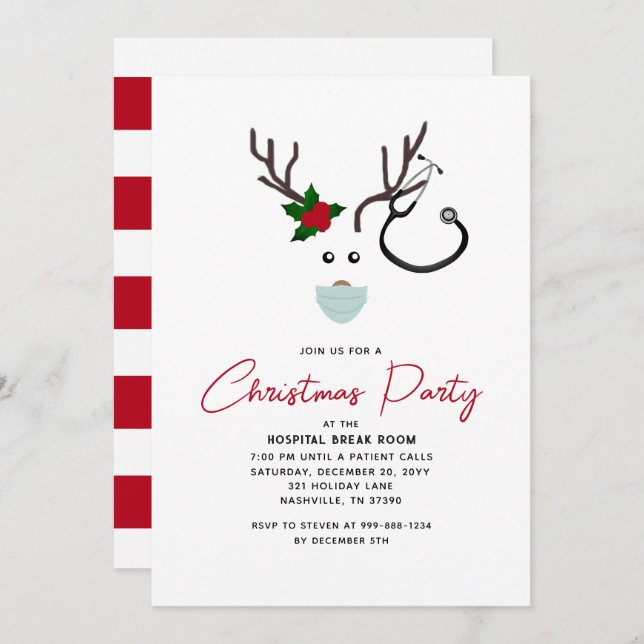 Cute Hospital Christmas Party Red Reindeer Invitation (Front/Back)