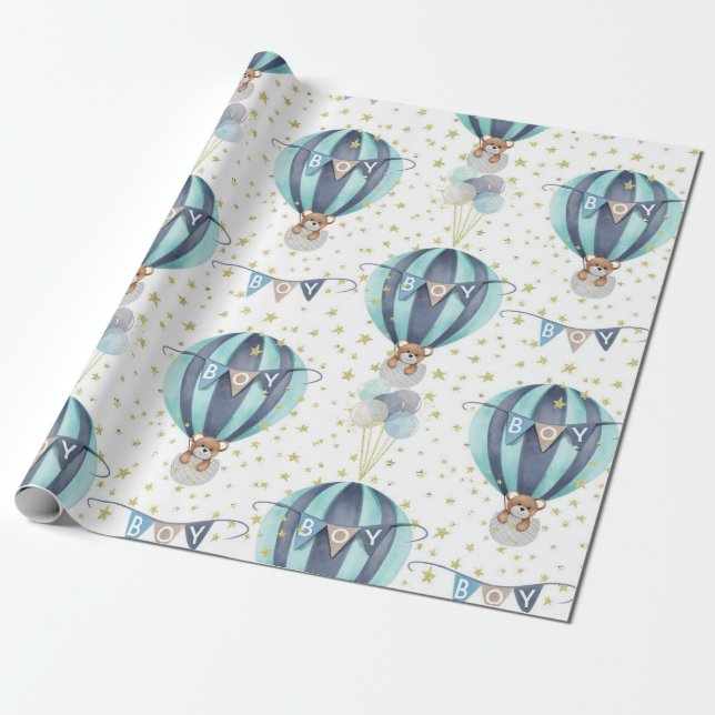 Cute Hot Air Balloon Blue Baby Boy Shower Gift Wrapping Paper (Unrolled)