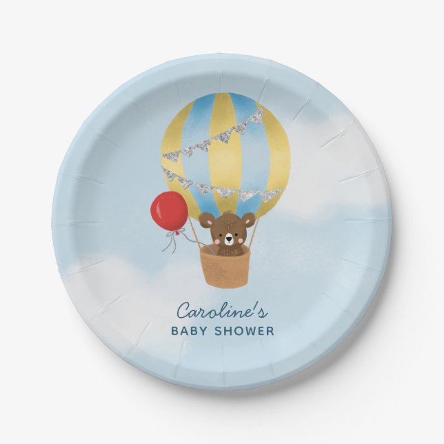 Cute Hot Air Balloon Boy Baby Shower Paper Plate (Front)