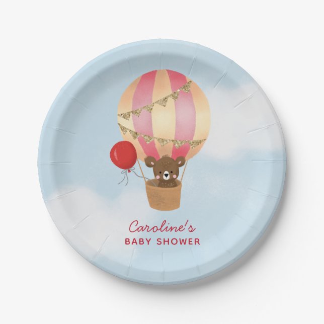 Cute Hot Air Balloon Girl Baby Shower Paper Plate (Front)