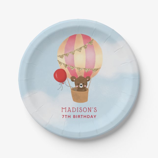 Cute Hot Air Balloon Girl Birthday Party Paper Plate (Front)
