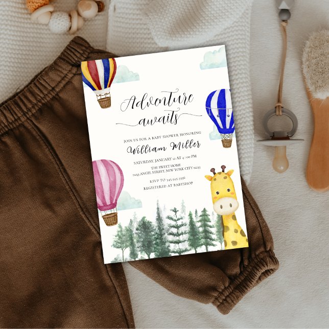 Cute Hot Air Balloon Jungle Giraffe Baby Shower  Invitation (Cute Hot Air Balloon Jungle Giraffe Baby Shower Invitation)