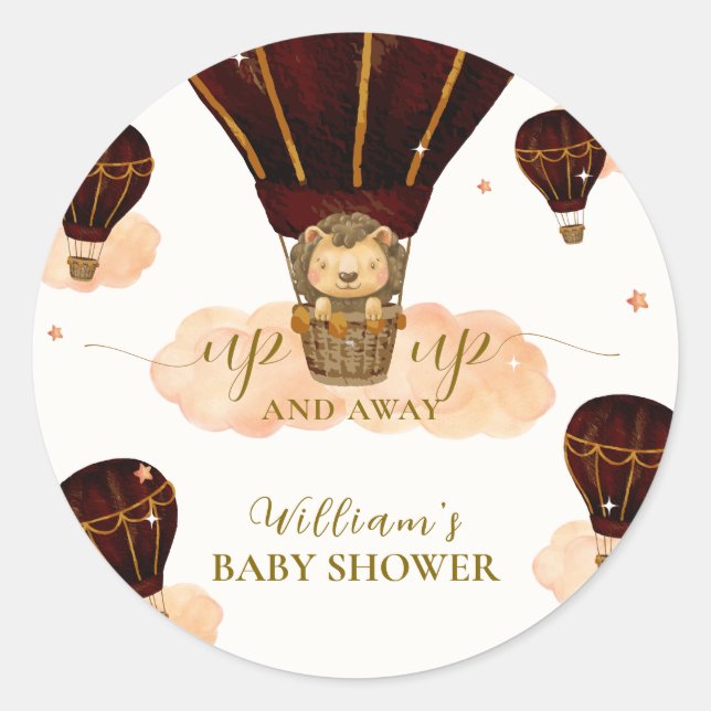 Cute Hot Air Balloon Jungle Lion Boy Baby Shower  Classic Round Sticker (Front)