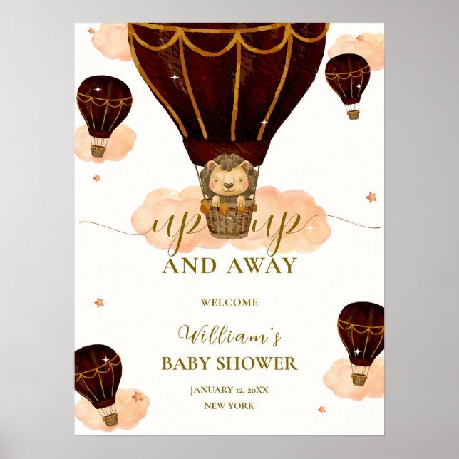 Cute Hot Air Balloon Lion Boy Baby Shower Welcome  Poster (Front)