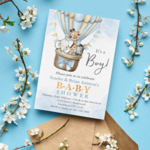 Cute Hot Air Balloon Safari Animals Baby Shower Invitation