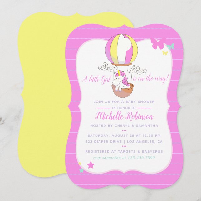 Cute Hot Air Balloon Unicorn Baby Girl Shower Invitation (Front/Back)