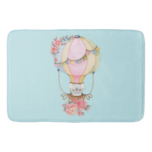 Cute Hot Air Balloon with Bear Watercolor  Bath Mat