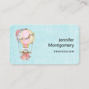 Cute Hot Air Balloon with Bear Watercolor Business Card
