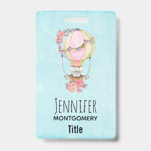 Cute Hot Air Balloon with Bear Watercolor ID Badge