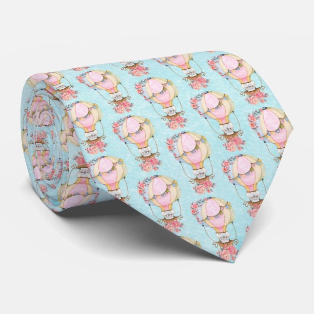 Cute Hot Air Balloon with Bear Watercolor Pattern Tie (Rolled)