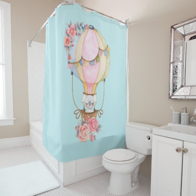 Cute Hot Air Balloon with Bear Watercolor Shower Curtain (In Situ)