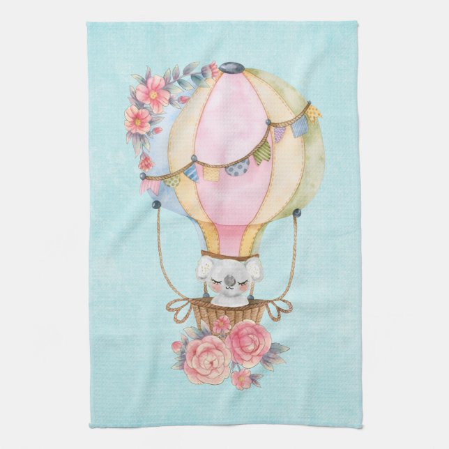 Cute Hot Air Balloon with Bear Watercolor Tea Towel (Vertical)