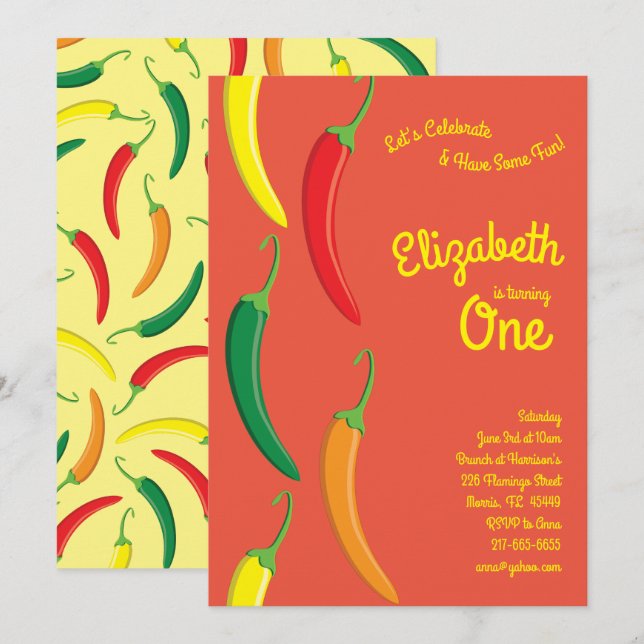 Cute Hot Chilli Pepper Kids 1st Birthday Party Invitation (Front/Back)