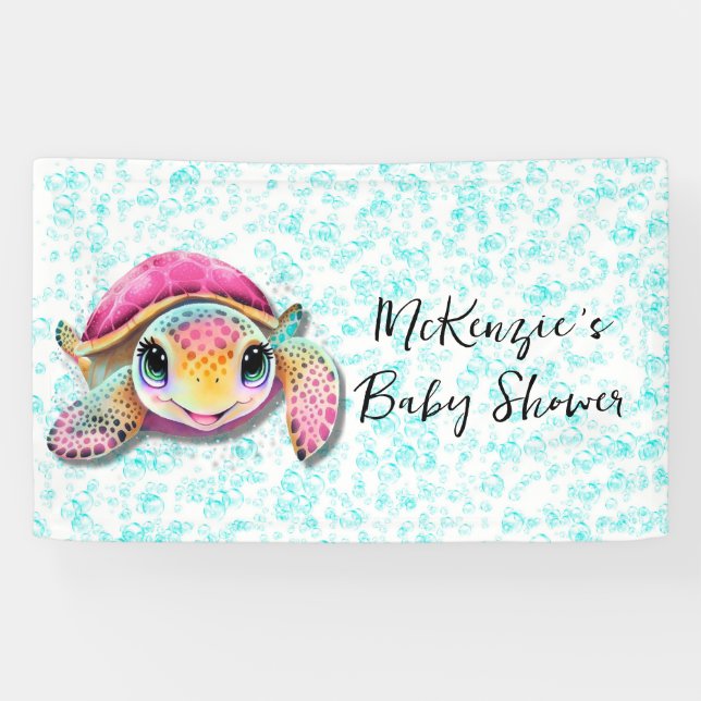 Cute Hot Pink and Teal Turtle Girl Baby Shower Banner (Horizontal)