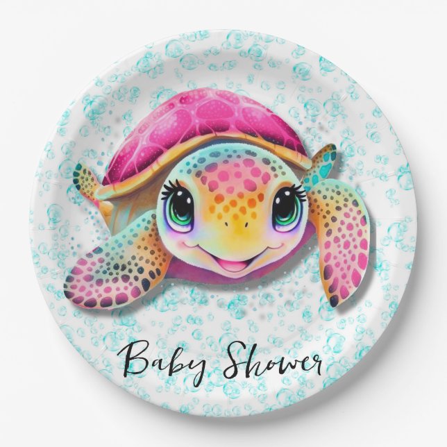 Cute Hot Pink and Teal Turtle Girl Baby Shower Paper Plate (Front)
