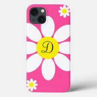 Cute Hot Pink and White Daisies Floral Initial