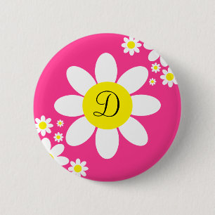 Cute Hot Pink and White Daisy Single Initial 6 Cm Round Badge