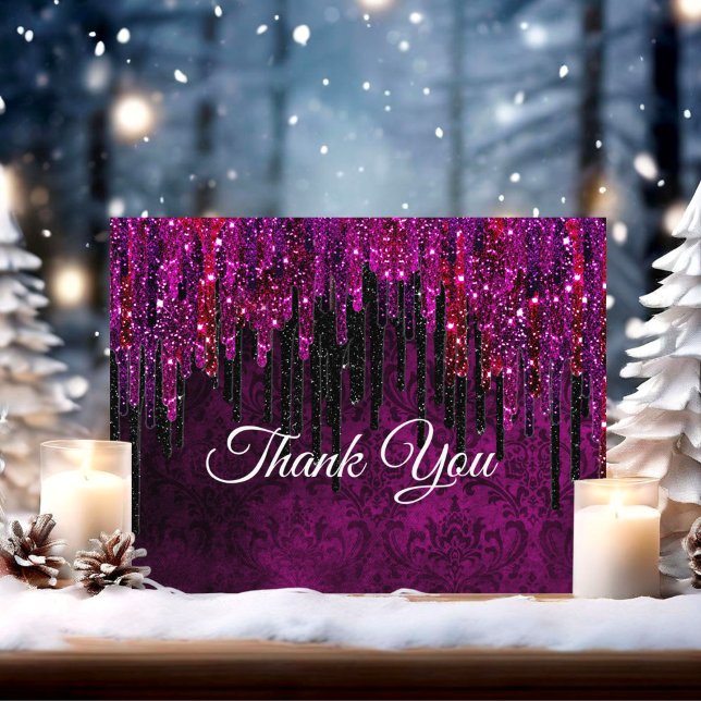 Cute hot Pink black Glitter Drips  Thank You Card (Creator Uploaded)