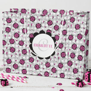 Cute Hot Pink & Black Ladybug Drawing Pattern Kids Large Gift Bag