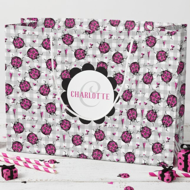 Cute Hot Pink & Black Ladybug Drawing Pattern Kids Large Gift Bag (Hot Pink and Black Gift Bags for Kids Birthday & Valentine's Day. Cute Ladybugs Pattern on Gingham)