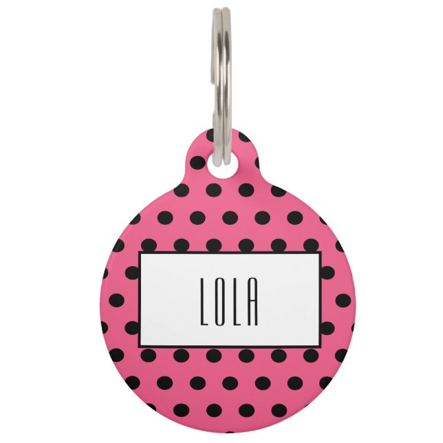 Cute Hot pink & Black polka dot Pet Tag (Front)