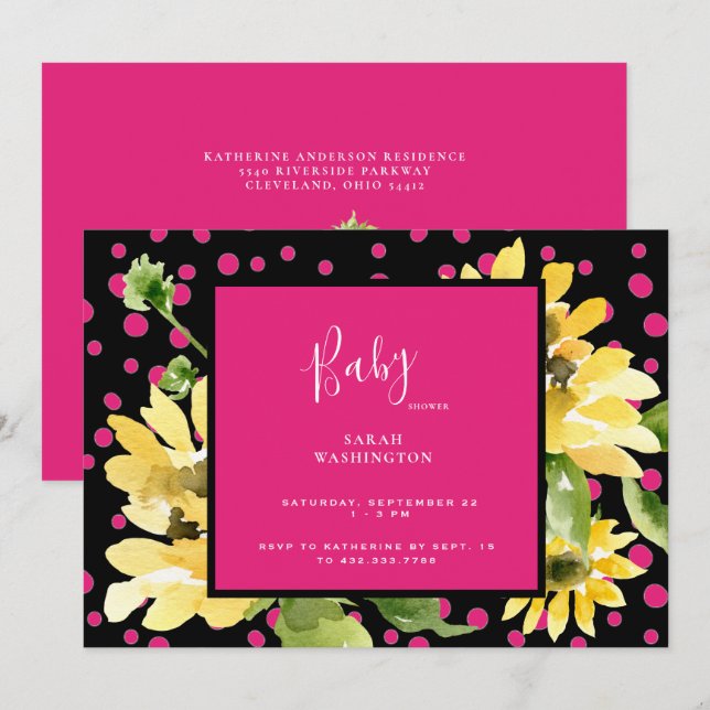 Cute Hot Pink & Black Sunflower Baby Shower Invitation (Front/Back)