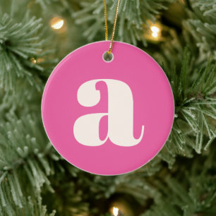 Cute Hot Pink Custom Monogram Retro Lettering Ceramic Tree Decoration