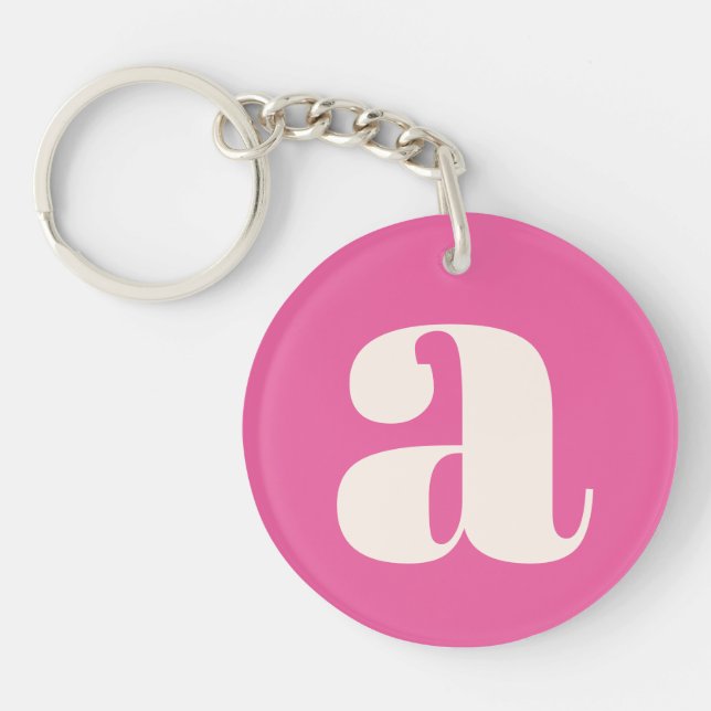 Cute Hot Pink Custom Monogram Retro Lettering Key Ring (Front)