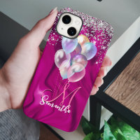 Cute hot pink faux silver glitter balloon monogram