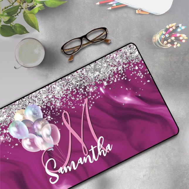 Cute hot pink faux silver glitter balloon monogram desk mat (Creator Uploaded)