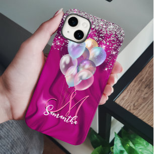 Cute hot pink faux silver glitter balloon monogram iPhone 14 case