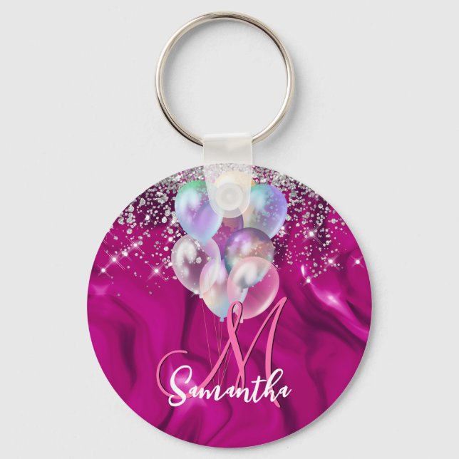 Cute hot pink faux silver glitter balloon monogram key ring (Front)