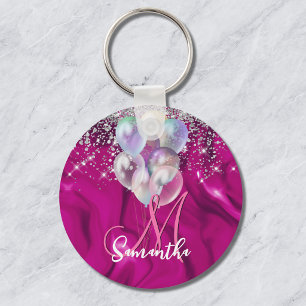 Cute hot pink faux silver glitter balloon monogram key ring