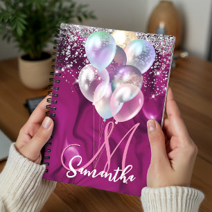 Cute hot pink faux silver glitter balloon monogram notebook