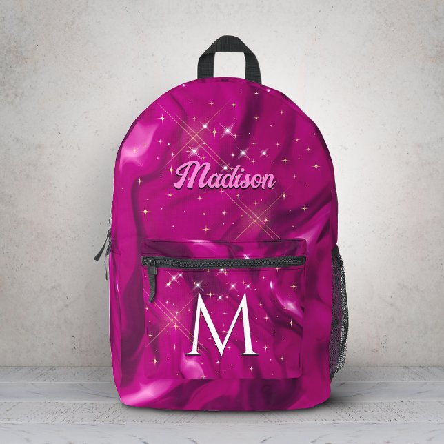 Cute hot pink faux silver glitter balloon monogram printed backpack (Creator Uploaded)