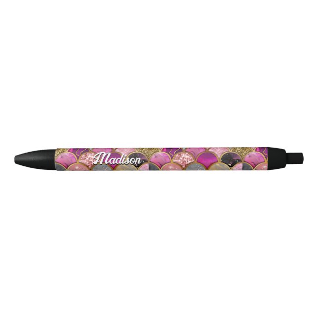 Cute hot pink gold mermaid scales girly black ink pen (Front)