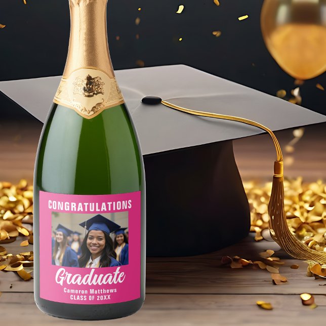 Cute Hot Pink Graduation Party Custom Photo Sparkling Wine Label (Creator Uploaded)