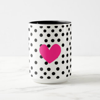 Cute Hot Pink Heart Black and White Polka Dot Coff Mug