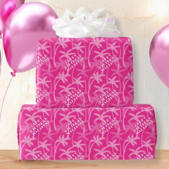 Cute Hot Pink Magenta Tropical Palm Personalised Wrapping Paper (Creator Uploaded)