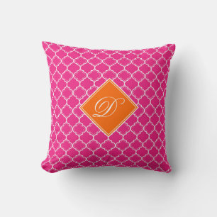 Cute Hot Pink Orange and White Trellis Monogram Cushion