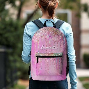 Cute hot Pink Rainbow Glitter Drips monogram  Printed Backpack