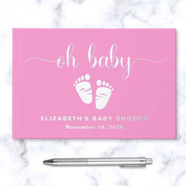 Cute Hot Pink Silver Foil Baby Girl Shower Guest Book (Creator Uploaded)