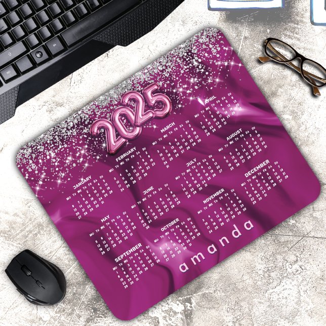 Cute hot pink silver glitter 2025 calendar mouse pad (Creator Uploaded)