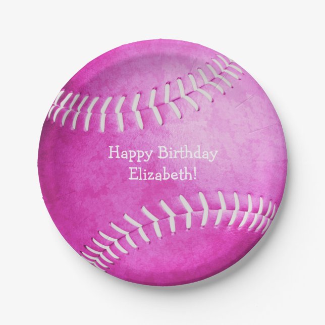 cute hot pink softball birthday party paper plate (Front)