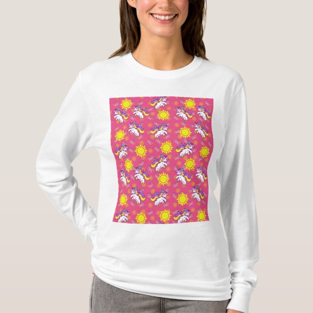 Cute Hot Pink Sunny Unicorn Pattern Design T-Shirt (Front)