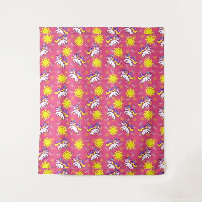 Cute Hot Pink Sunny Unicorn Pattern Design Tapestry (Front)